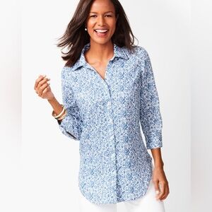 $100 NWT Talbots Button Back Blue Floral Linen Shirt 1X